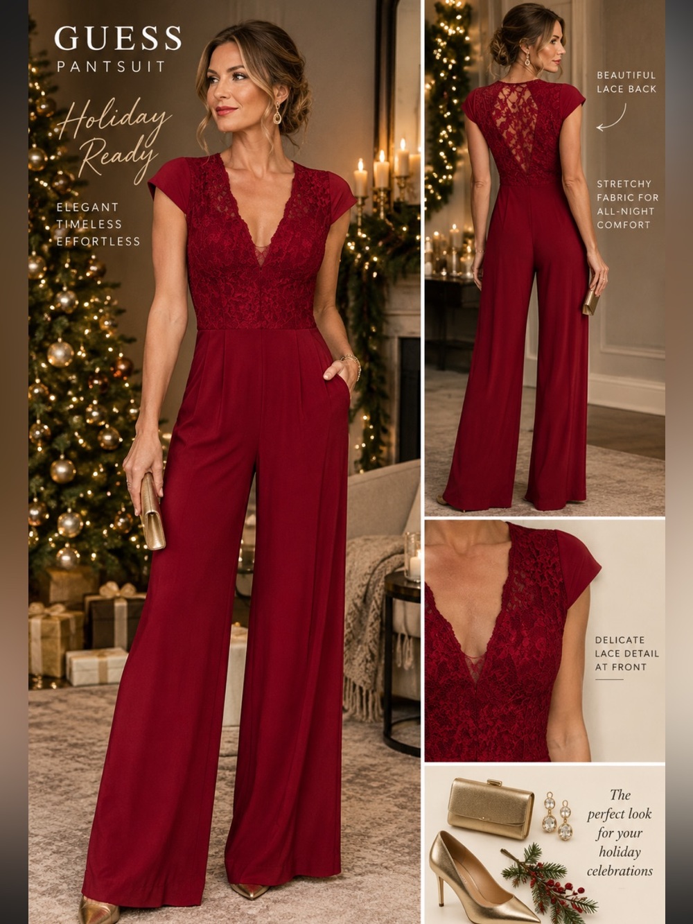 Guess Burgundy Lace Wide-Leg Jumpsuit